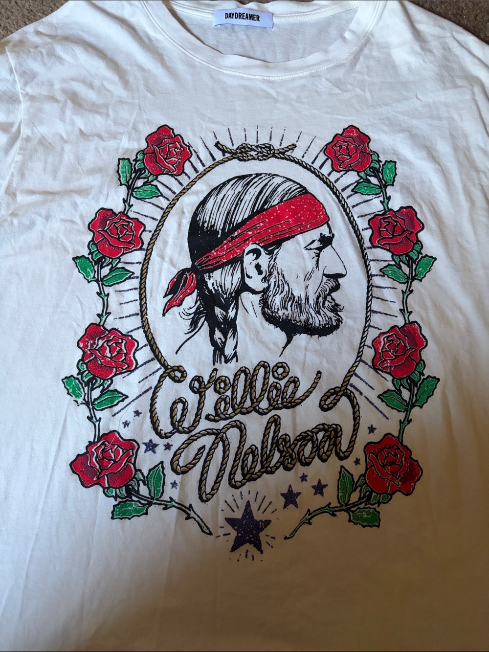 Daydreamer Willie Nelson Graphic Tee with Red Bandana and Red Roses